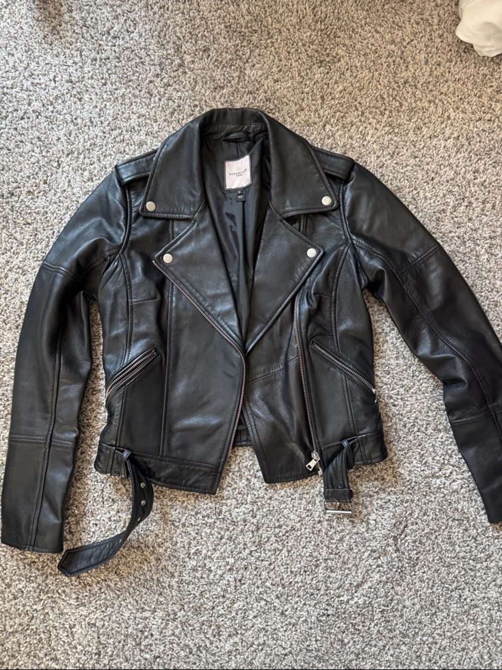 Urbancode London Black Leather Moto Jacket with Belted Hem